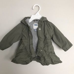 Army jacket with ruffles. Lined 3-6 months